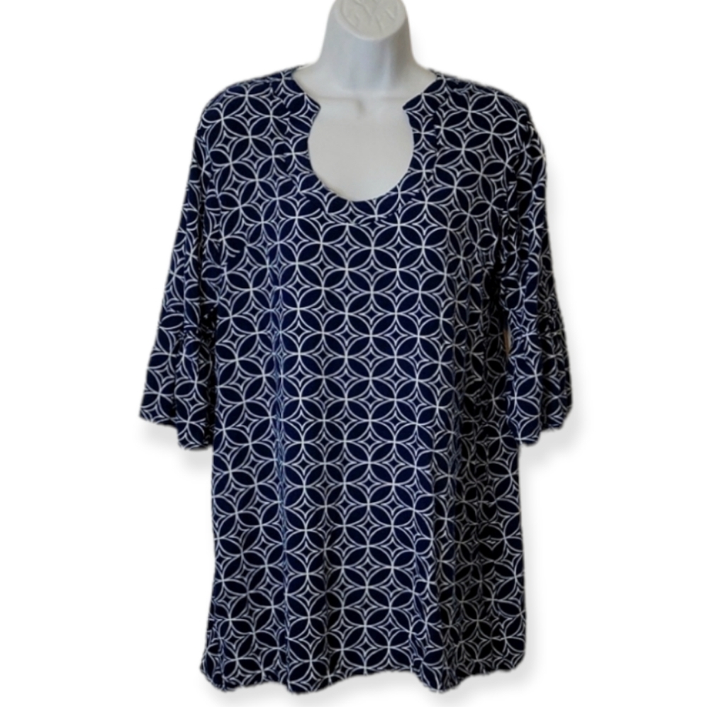 Escapade Navy Geometrical Patterned Bell Sleeved Tunic Top